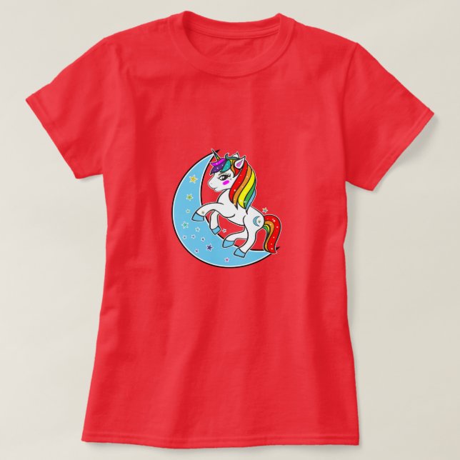 Camiseta Luna azul celeste arco iris y estrellas unicornio (Diseño del anverso)
