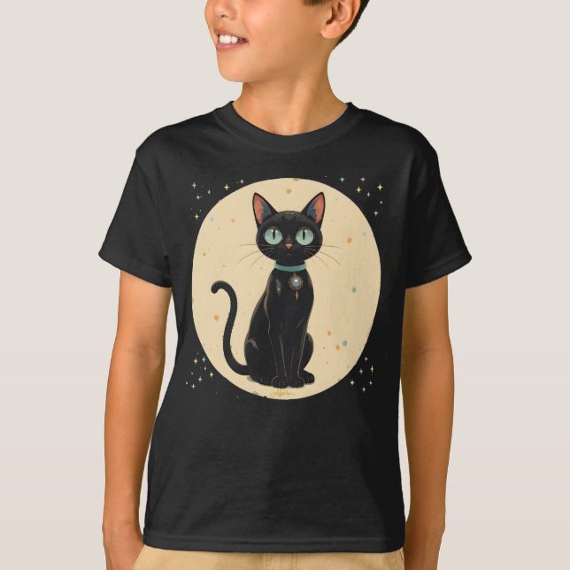 Camiseta Luna de gato negro futurista atómico (Anverso)