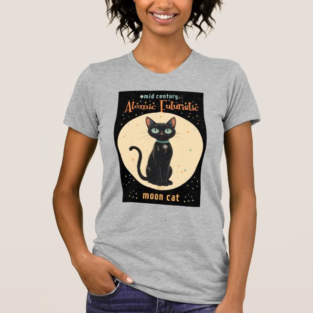 Camiseta Luna de gato negro futurista atómico con texto (Anverso)
