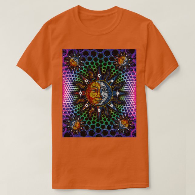 Camiseta Luna de sol de mosaico celeste cósmico (Diseño del anverso)