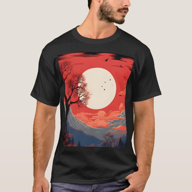 Camiseta Luna Etérea En Un Cielo Rojo Sobre Las Montañas (Anverso)