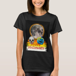 Camiseta Luna llena, Calavera y Calabaza azul por la noche.