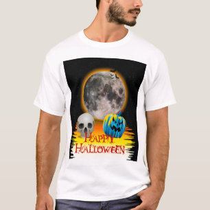 Camiseta Luna llena, Calavera y Calabaza azul por la noche.