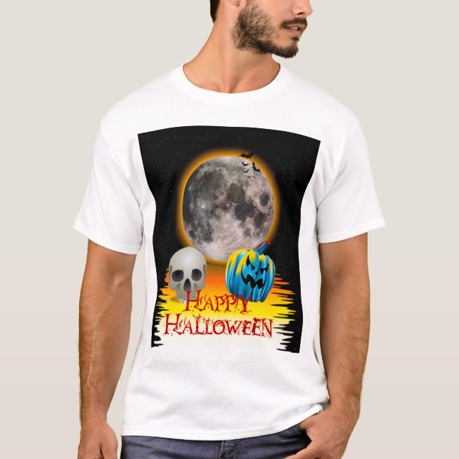 Camiseta Luna llena, Calavera y Calabaza azul por la noche. (Anverso)