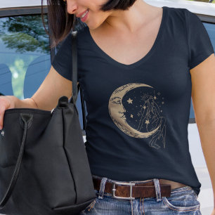 Camiseta Luna y estrellas de mujeres celestes, boho, oro el