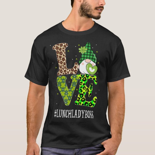 Camiseta Lunch Lady Boss Love St Patricks Day Gnome Leopard (Anverso)