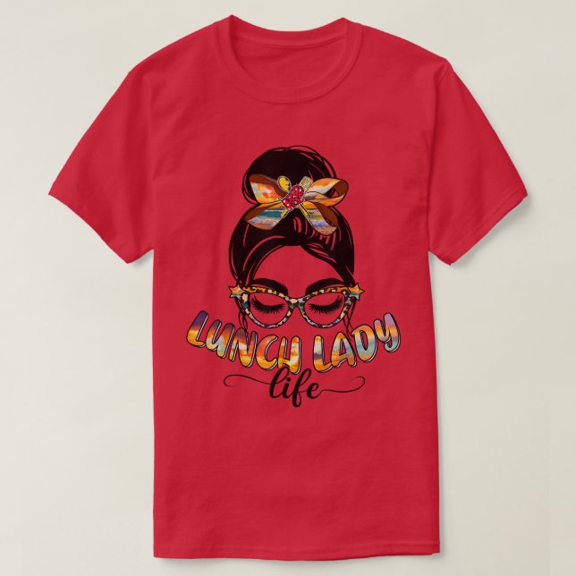 Camiseta Lunch Lady Life Messy Bun Sunflower Leopard Lunch (Diseño del anverso)