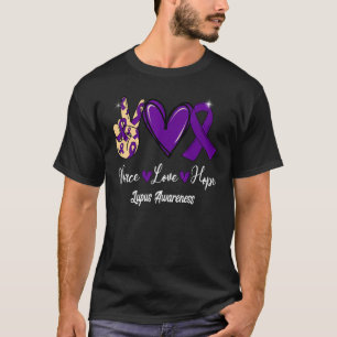 Camiseta Lupus Awareness Peace Love Hope Purple Ribbon