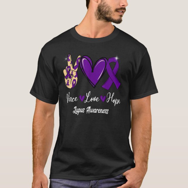 Camiseta Lupus Awareness Peace Love Hope Purple Ribbon (Anverso)