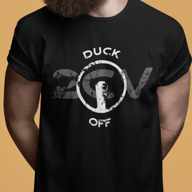 Camiseta Lustiges Oldtimer 2cv Duck Off Statement (2CV T-Shirt in Black with a White Steering Wheel Illustration of the Deux Chevaux )