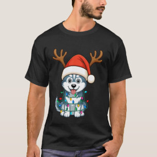 Camiseta Luz de Navidad Reno Sombrero de Santa Husky Navida