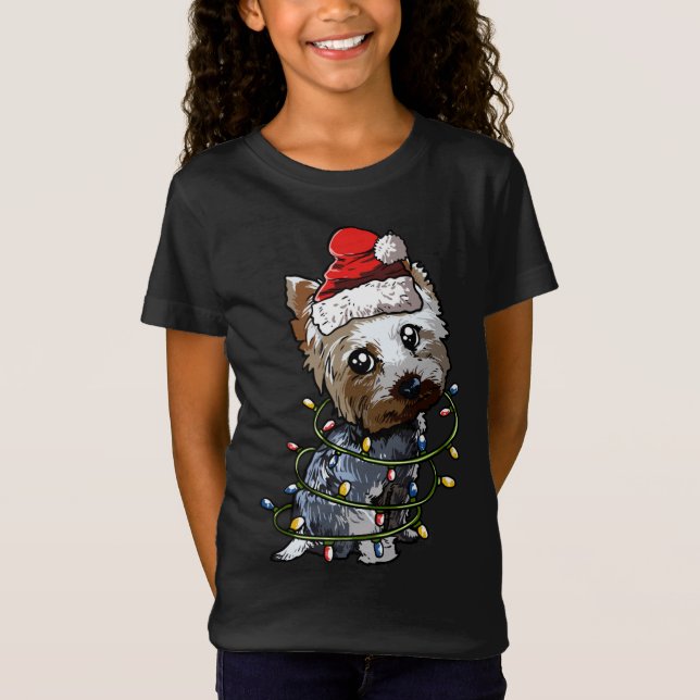 Camiseta Luz del árbol de navidad de Cute Yorkshire Terrier (Anverso)