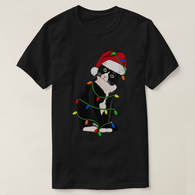 Camiseta Luz del árbol de navidad del gato de Tuxedo Meow S (Diseño del anverso)