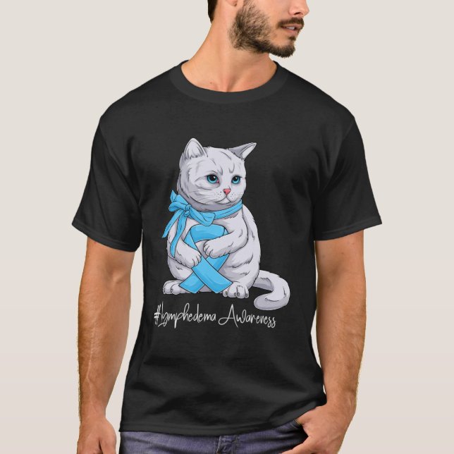Camiseta Lymphedema Awareness Mono Light Blue Ribbon Cat (Anverso)