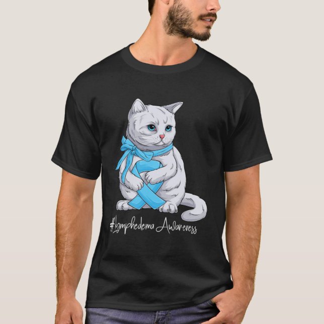 Camiseta Lymphedema Awareness Month Light Blue Ribbon Cat (Anverso)