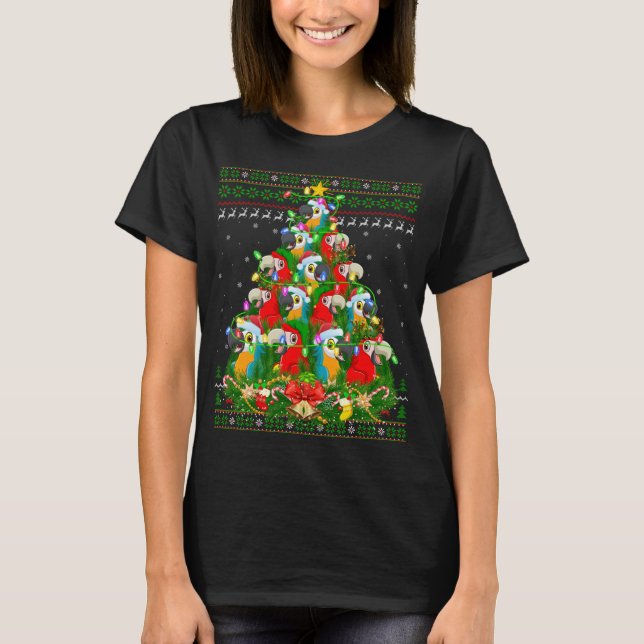 Camiseta Macaw Bird Xmas Light Tree Santa Macaw Ugly Chr (Anverso)