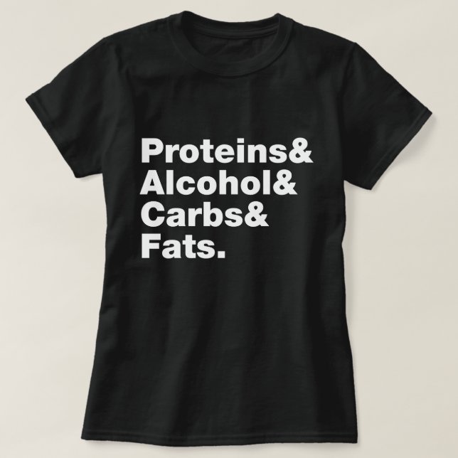 Camiseta Macronutrientes. Proteínas, alcohol, carbohidratos (Diseño del anverso)