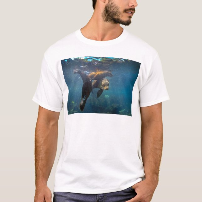 Camiseta Madera de león marino y crías bajo el agua Galápag (Anverso)