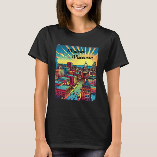 Camiseta Madison, línea aérea de Wisconsin al atardecer (Anverso)