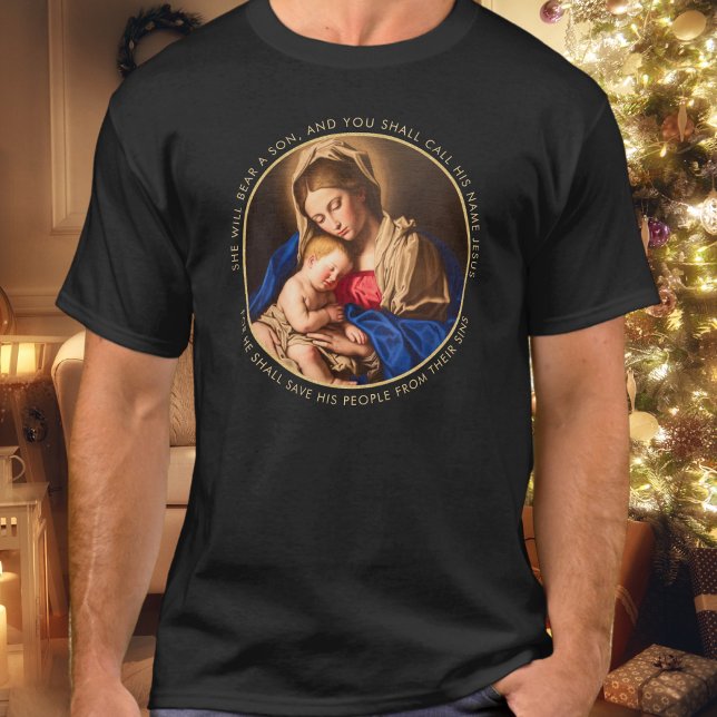 Camiseta Madonna y niños Navidades religiosos tradicionales (Madonna and Child religious Christmas t-shirt with Bible verse for Catholics and Christians)