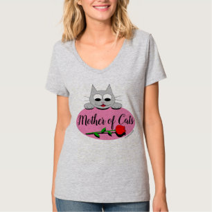 Camiseta Madre de gatos con rosa rojo amante del gato V cue