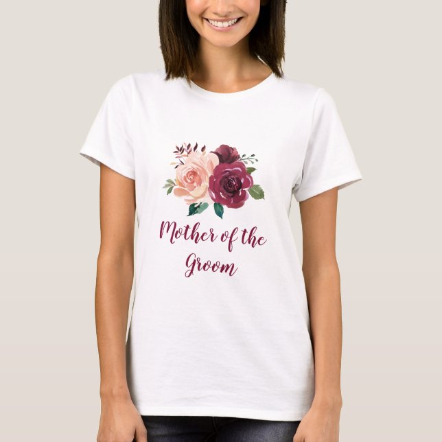 Camiseta Madre floral borgoñona de Rubor, Boda de Groom (Anverso)