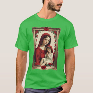 Camiseta Madre María y niño Jesús en un marco con Rosas b