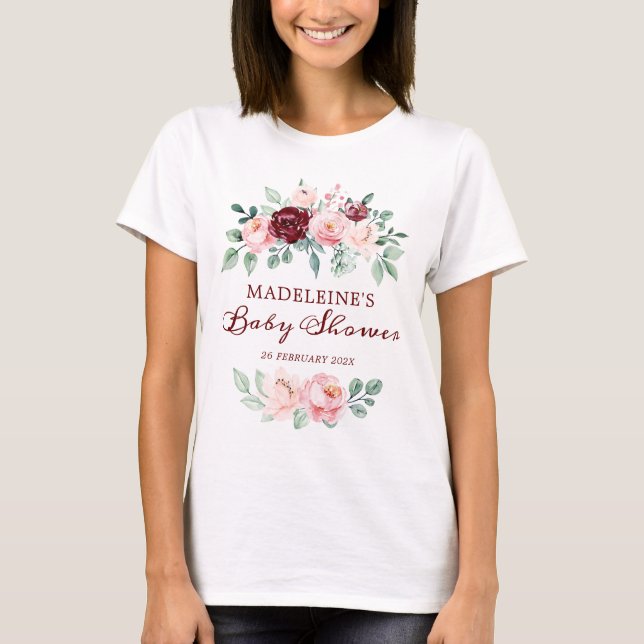 Camiseta Madre Para Ser Borgoña, Baby Shower Floral Rosa (Anverso)