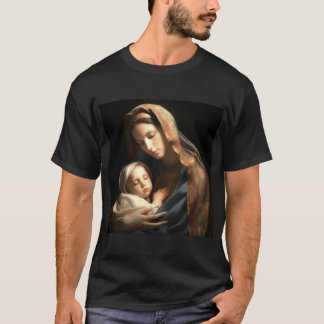Camiseta Madre serena sosteniendo un niño en un cálido resp