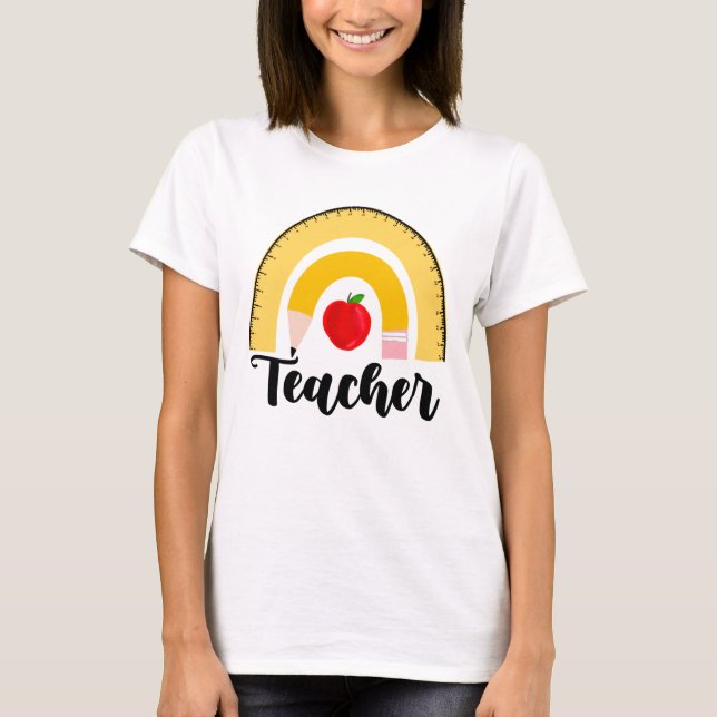 Camiseta Maestra con suministros de escuela arco iris (Anverso)