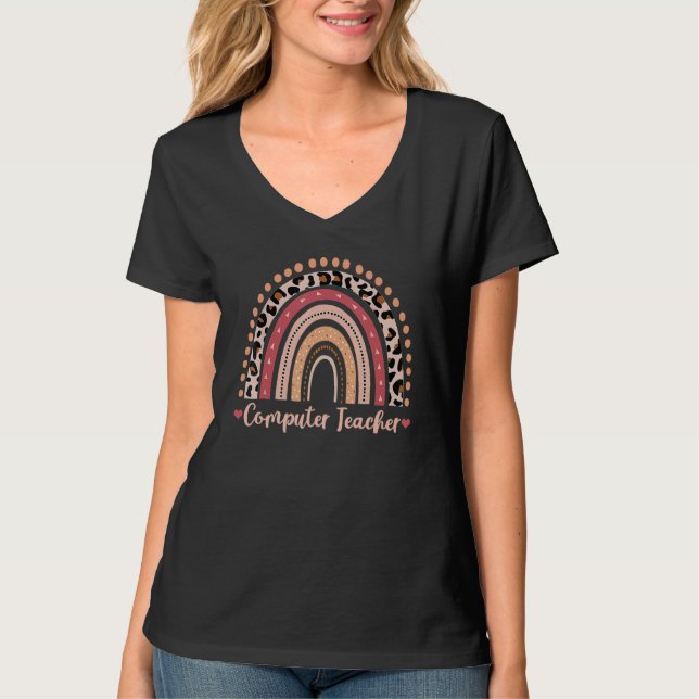 Camiseta Maestra de computación Leopard Rainbow Boho (Anverso)