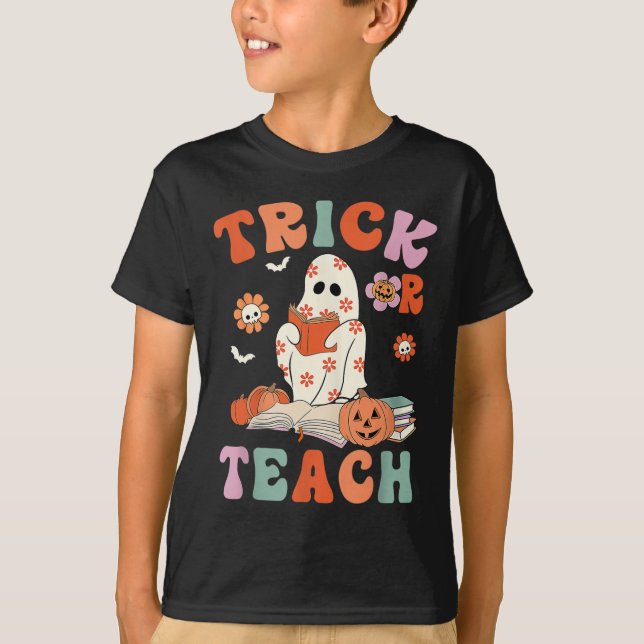 Camiseta Maestra De Fantasma Floral Trick O Teach Retro Gro (Anverso)