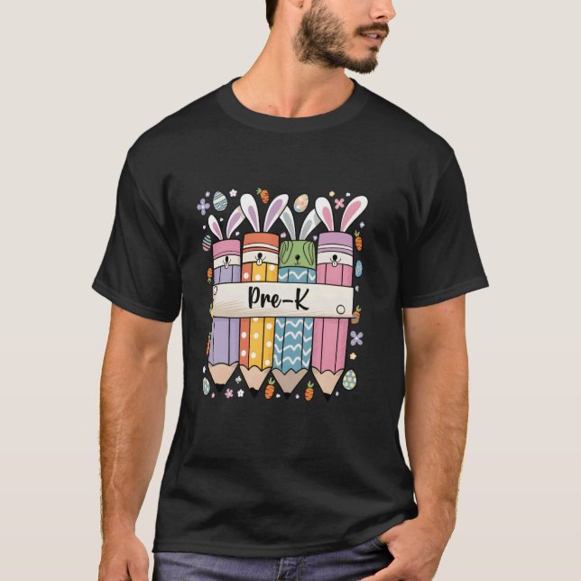 Camiseta Maestra de Pre-K Groovy Conejo de Pascua Enseñando (Anverso)