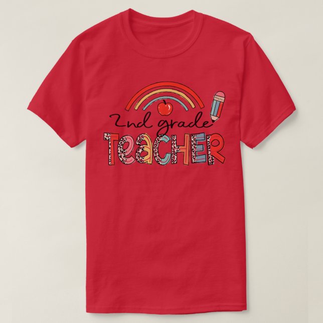 Camiseta Maestra de segundo grado Leopard Rainbow de vuelta (Diseño del anverso)