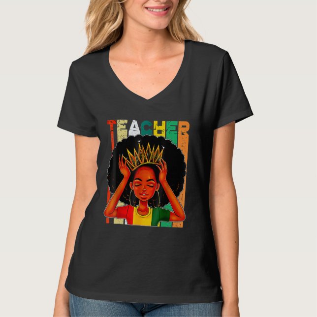 Camiseta Maestra negra afro retro a tono negro (Anverso)