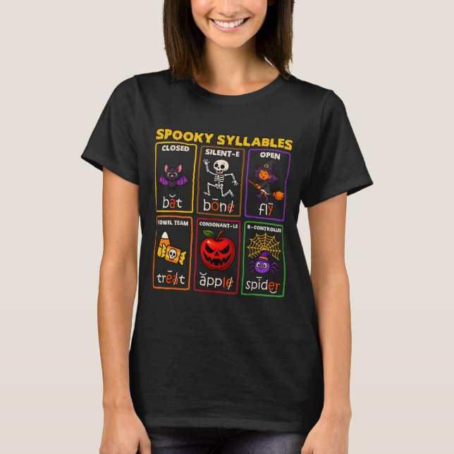 Camiseta Maestro de lectura de Halloween sílabas espeluznan (Anverso)