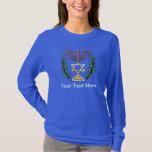 Camiseta Magen persa David Menorah<br><div class="desc">Esta imagen fue adaptada de una antigua teja judía persa y cuenta con una menorah y Magen David (Estrella de David) enmarcados por ramas de olivo. Se han conservado las imperfecciones de la imagen original pintada a mano.</div>