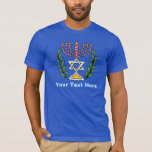 Camiseta Magen persa David Menorah<br><div class="desc">Esta imagen fue adaptada de una antigua teja judía persa y cuenta con una menorah con un Magen David (Estrella de David) enmarcado por ramas de olivo. Se han conservado las imperfecciones de la imagen original pintada a mano.</div>