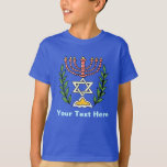 Camiseta Magen persa David Menorah<br><div class="desc">Esta imagen fue adaptada de una antigua teja judía persa y cuenta con una menorah con un Magen David (Estrella de David) enmarcado por ramas de olivo. Se han conservado las imperfecciones de la imagen original pintada a mano.</div>