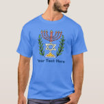 Camiseta Magen persa David Menorah<br><div class="desc">Esta imagen fue adaptada de una antigua teja judía persa y cuenta con una menorah con un Magen David (Estrella de David) enmarcado por ramas de olivo. Se han conservado las imperfecciones de la imagen original pintada a mano.</div>