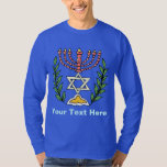 Camiseta Magen persa David Menorah<br><div class="desc">Esta imagen fue adaptada de una antigua teja judía persa y cuenta con una menorah con un Magen David (Estrella de David) enmarcado por ramas de olivo. Se han conservado las imperfecciones de la imagen original pintada a mano.</div>