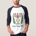 Camiseta Magen persa David Menorah<br><div class="desc">Esta imagen fue adaptada de una antigua teja judía persa y cuenta con una menorah con un Magen David (Estrella de David) enmarcado por ramas de olivo. Se han conservado las imperfecciones de la imagen original pintada a mano.</div>