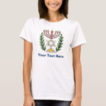 Camiseta Magen persa David Menorah<br><div class="desc">Esta imagen fue adaptada de una antigua teja judía persa y cuenta con una menorah con un Magen David (Estrella de David) enmarcado por ramas de olivo. Se han conservado las imperfecciones de la imagen original pintada a mano.</div>