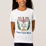 Camiseta Magen persa David Menorah<br><div class="desc">Esta imagen fue adaptada de una antigua teja judía persa y cuenta con una menorah con un Magen David (Estrella de David) enmarcado por ramas de olivo. Se han conservado las imperfecciones de la imagen original pintada a mano.</div>