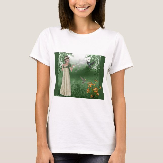 Camiseta Magia Elf en campo de hierba con colibríes (Anverso)