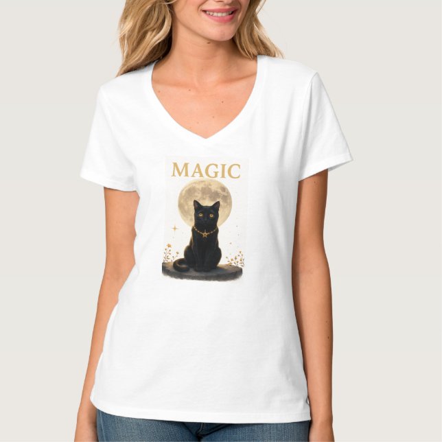 Camiseta MÁGICA - Diseño místico de gato negro y luna llena (Anverso)