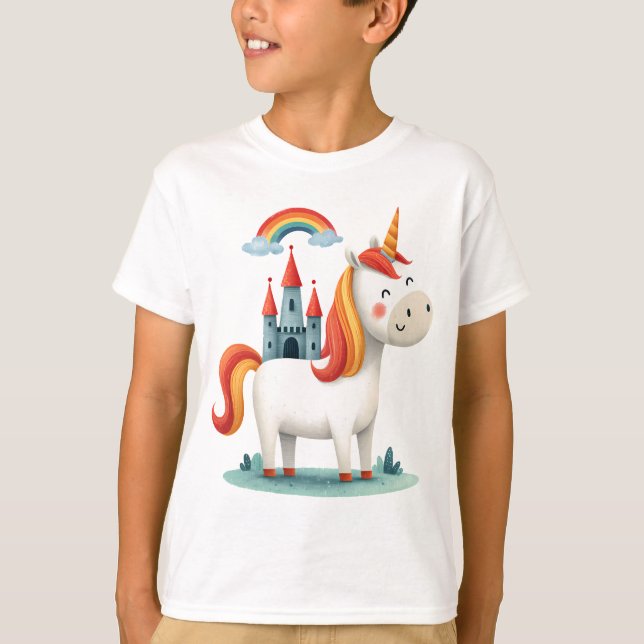 Camiseta Magical Unicorn with Castle and Rainbow – Cute Kid (Anverso)