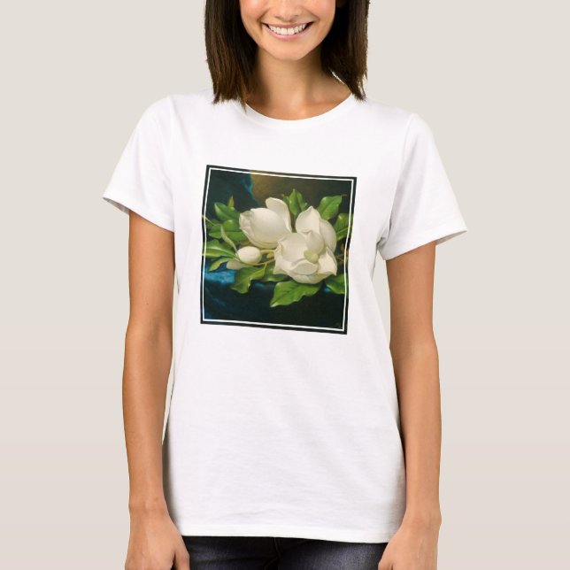 Camiseta Magnolias gigantes en un paño azul del terciopelo, (Anverso)