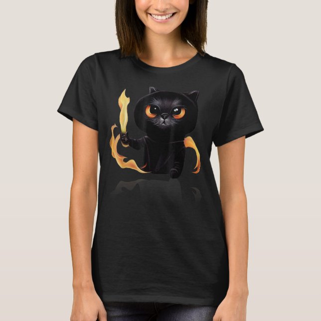 Camiseta Mago De Gato Negro Con Poder De Fuego Para Anima (Anverso)