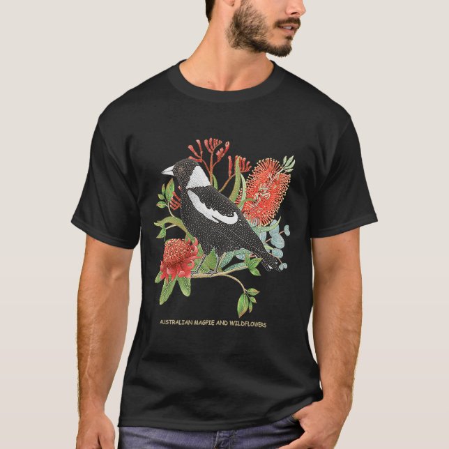 Camiseta Magpie australiano y flores silvestres (Anverso)